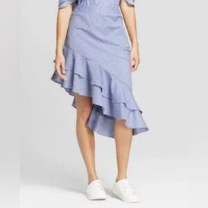 A New Day Skirt  Blue White Stripe Asymmetrical Ruffle Cotton High Waist…